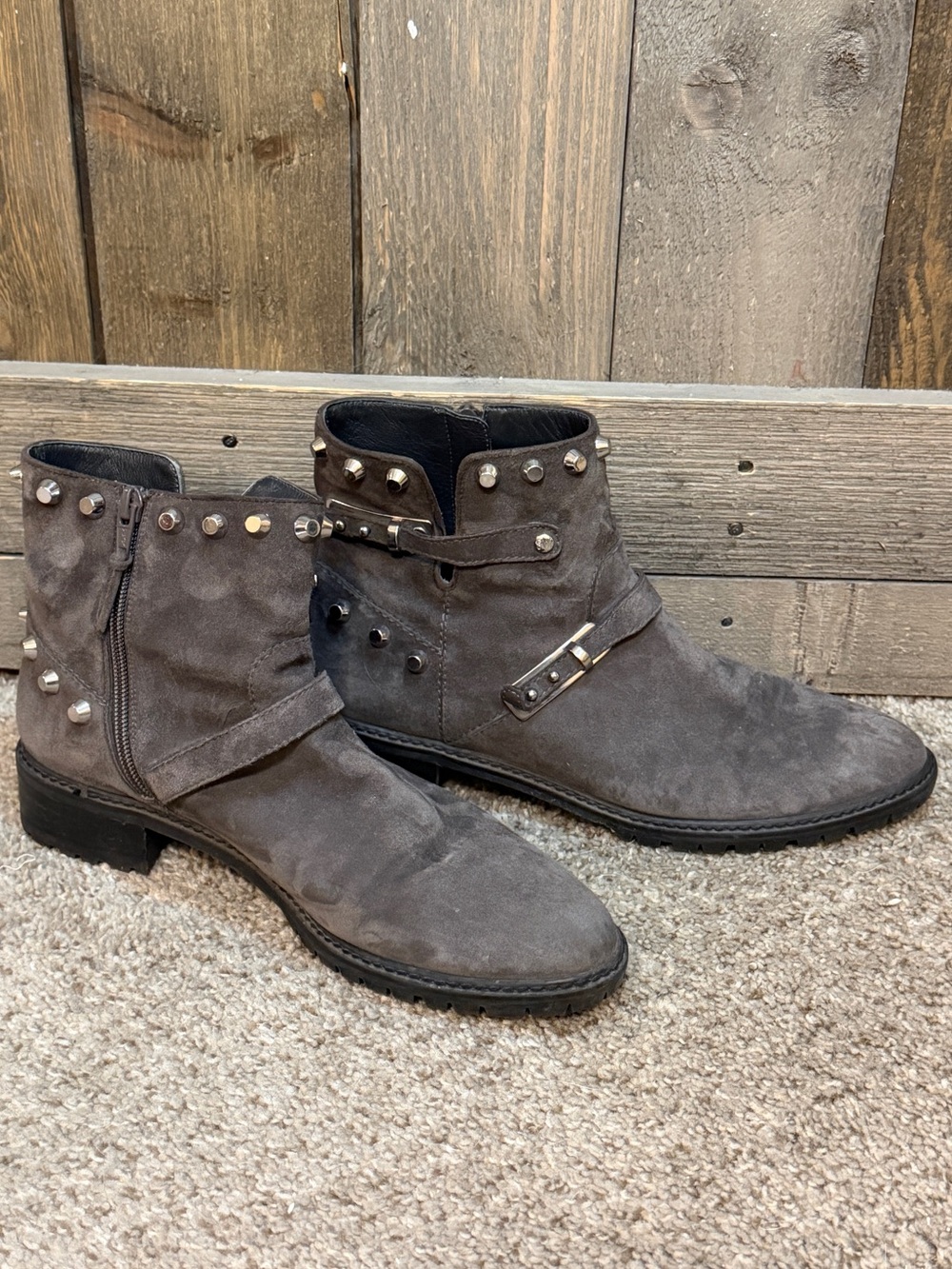 Stuart Weitzman Grey Suede Leather Studded Ankle Boots Size 10 Western Festival